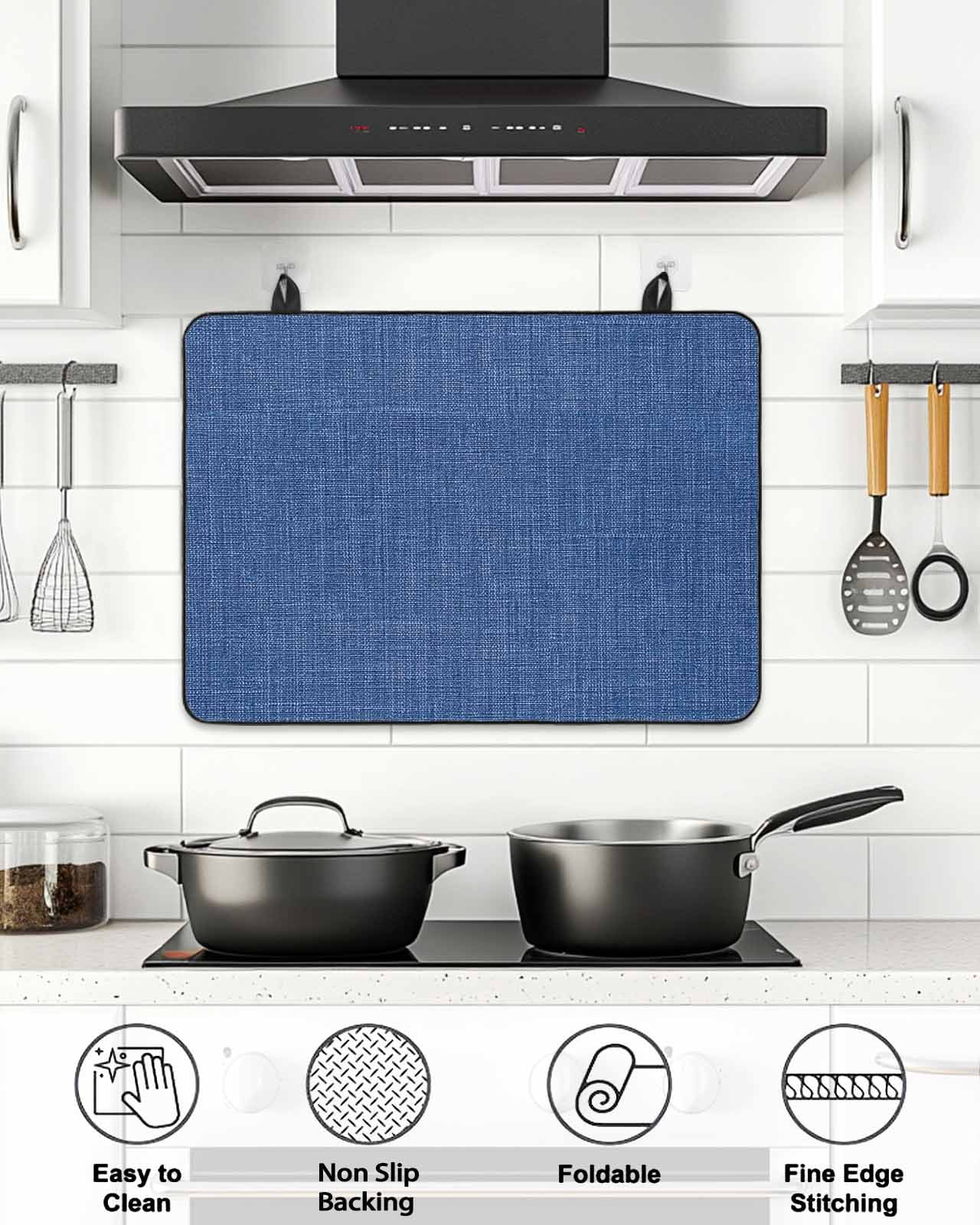 Stove Top Covers for Electric Stove, Navy Blue Glass Stovetop Cover Protector, Vintage Country Monochrome Farmhouse Induction Cooktop Protector Oven Mat for Kitchen Countertop 31"x24"