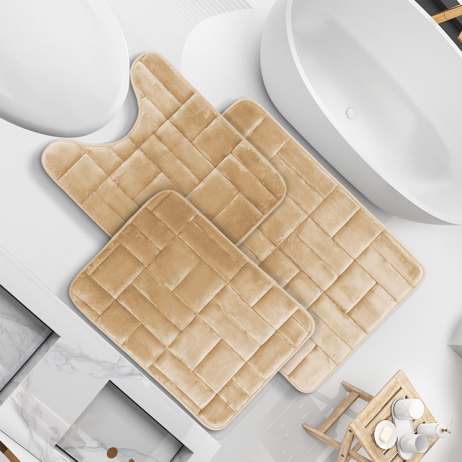 Bath Mat Rug 3 Piece Set, Large, Small and Contour Bathroom Rug Set, NonSlip Memory Foam