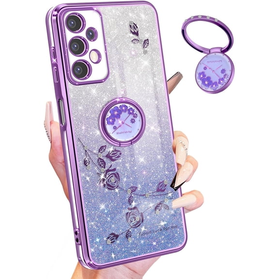 (3in1 for Samsung Galaxy A23 5G Phone Case Glitter Sparkly for Women Girls Sparkle Girly Bling Shiny Cover Cute Flowers Floral Design with Ring Pretty Purple Cases for Galaxy A23 5G/4G 6.6''