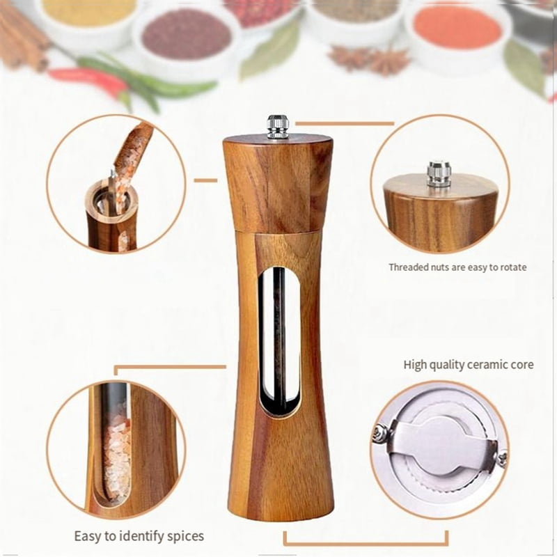 Pepper Mill Wood Salt and Pepper Mill Manual Salt Mill Spice Mill with Adjustable Ceramic Grinder for Pepper Salt Spices