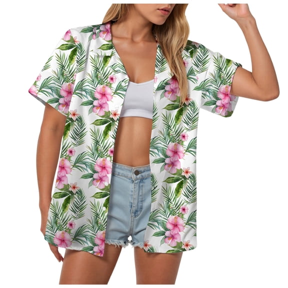 adviicd Women's Floral Blouse Casual Button Down Short Sleeve Hawaiian Shirt Green, L