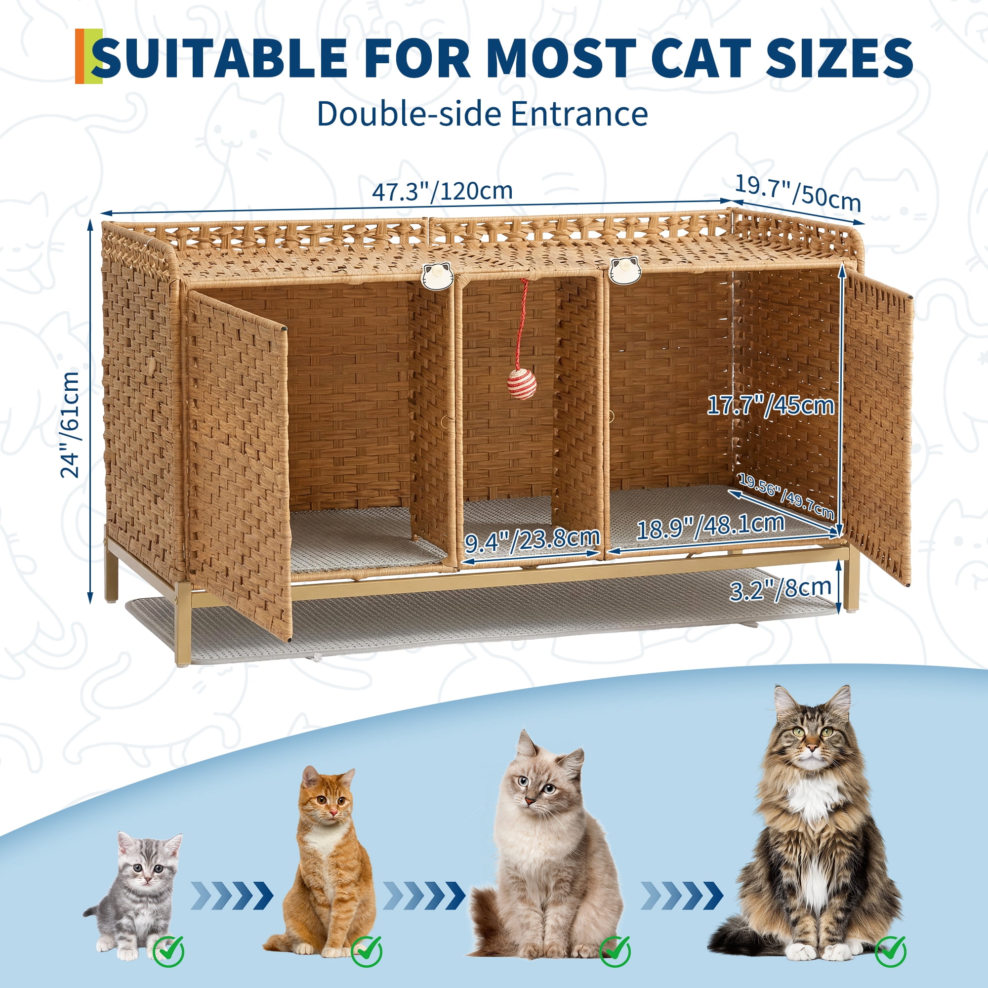 Rattan Double Cat Litter Box Enclosure - Hidden Cabinet for 2 Cats with Removable Mat, S-Shaped Hooks & Play Game - Decorative Large Cat Washroom Furniture for Living Room or Bedroom - Natural Color