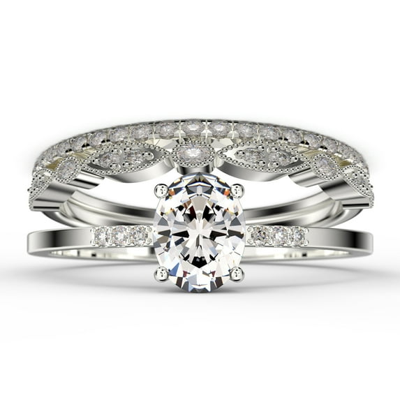 Beautiful Unique Art Deco 2.50 Carat Oval Cut Diamond Moissanite Engagement Ring, Classic Wedding Ring, Two Matching Band In 10K Solid White Gold, Gift For Her, Promise Ring, Trio Set