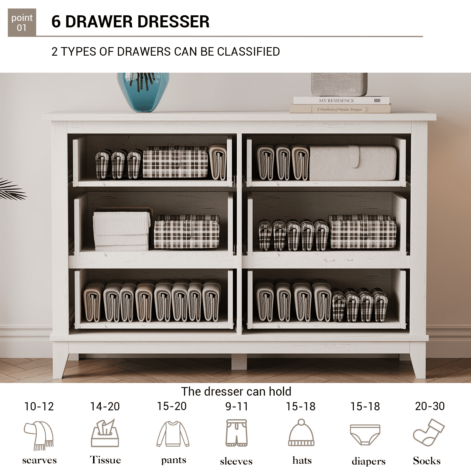 Modern 6 Drawers Dresser for Bedroom, 47" Wide Wooden Storage Chest with Antique Handles, Modern Farmhouse Dresser TV Stand with Wood Legs for Closet, Living Room, Hallway