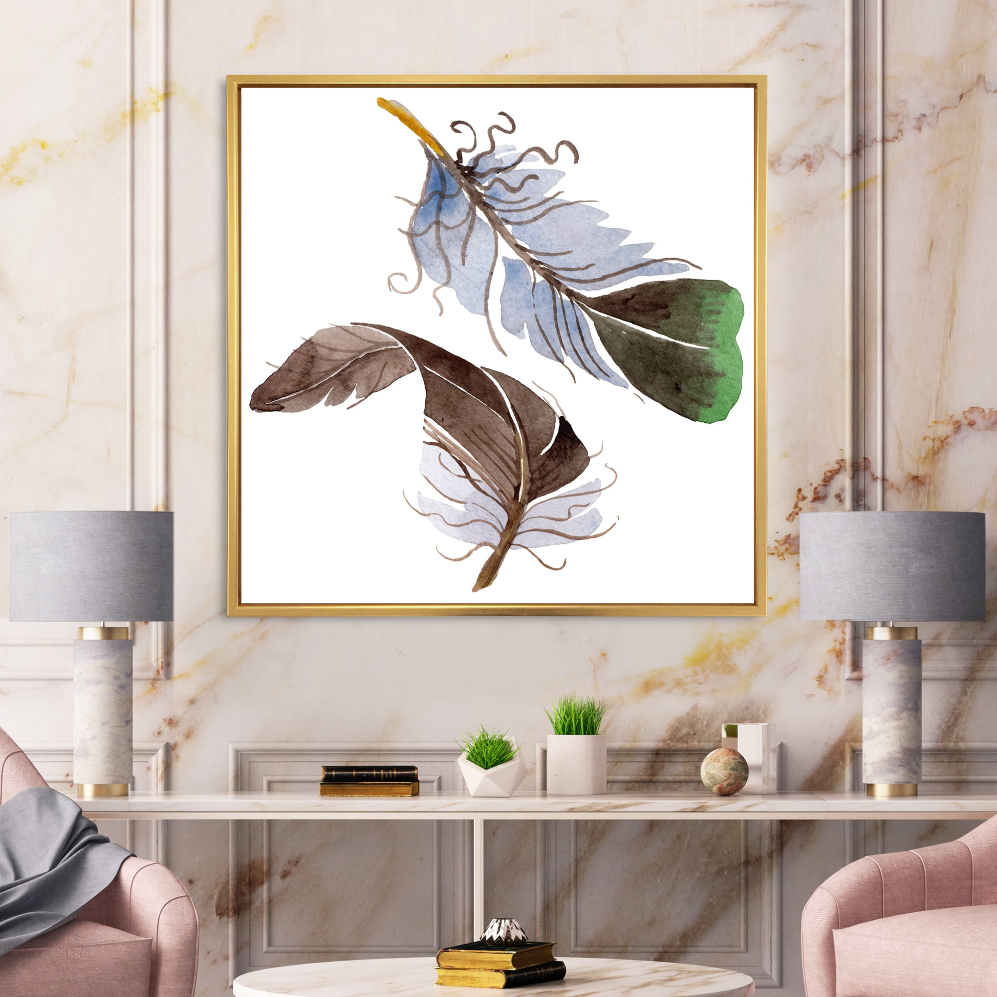 Abstract Green Bird Feather From Wing 30 in x 30 in Framed Painting Canvas Art Print, by Designart