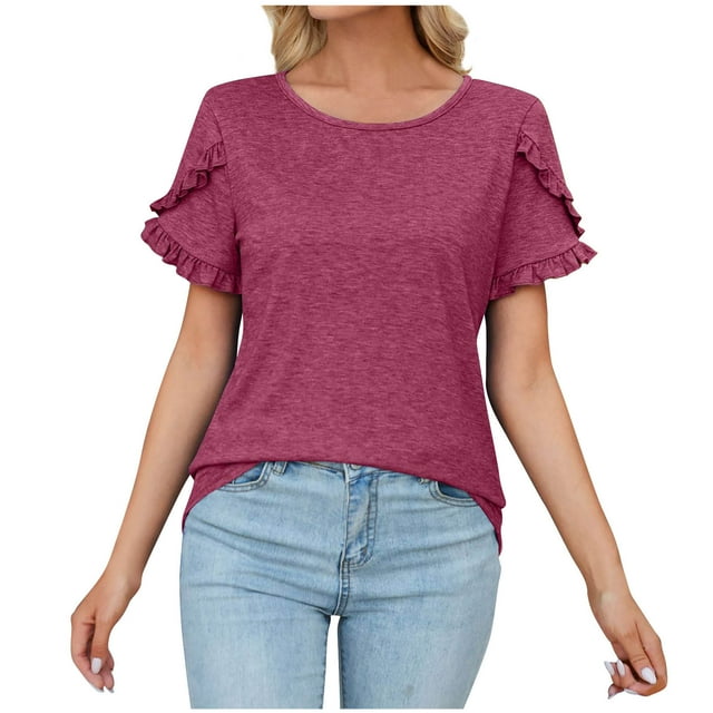 Timegard Summer Tops for Women Round Neck Ruffle Short Sleeve Solid Color Blouse Comfy Casual Loose Tops