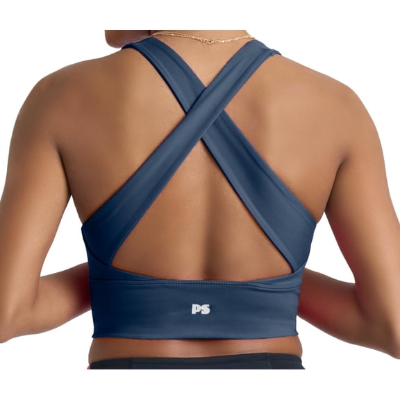 POPSUGAR Long Line Sports Bra Women, Workout Crop Tops for Women Longline Criss Cross Gym Yoga Tops with Built in Bra for Running Pilates Blue Storm, Large