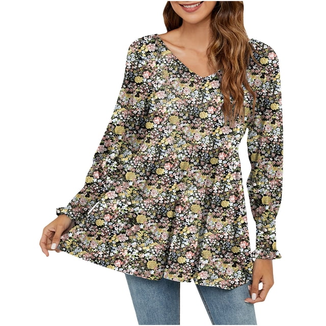 Camisas Para Mujer de Gran Tamaño de Moda Otoño Invierno Blusa Con Cuello en V Estampado Puff Manga Larga Camiseta Tops Odeerbi ODB133224
