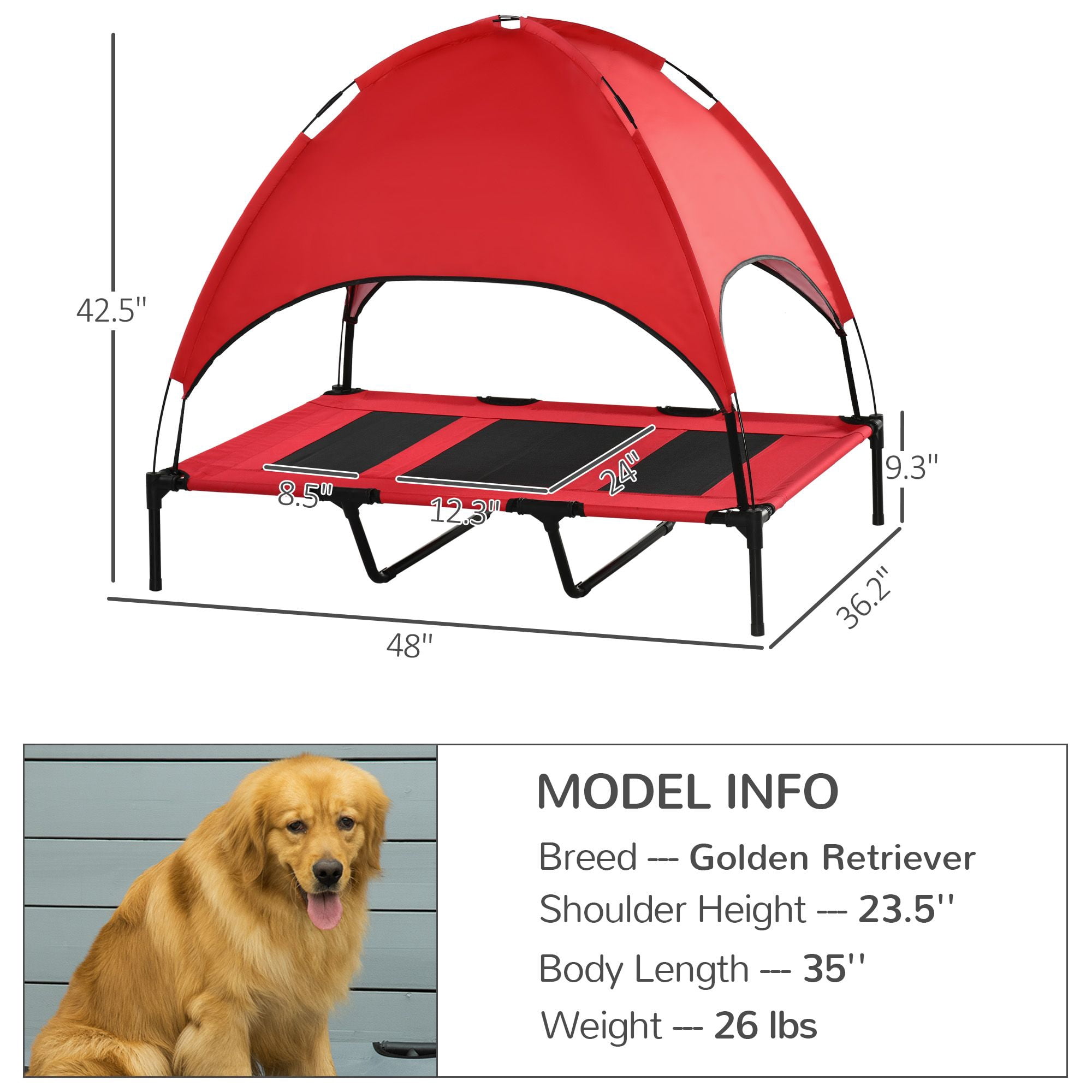48" x 36" Elevated Dog Cot with Cooling Canopy Shade - Red Outdoor Pet Bed