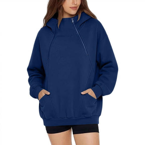 Hurxie Women's Lightweight Hoodies Full Zip Up Oversized Sweatshirts with Pockets Long Sleeve Thin Casual Hooded Jackets Navy,3XL