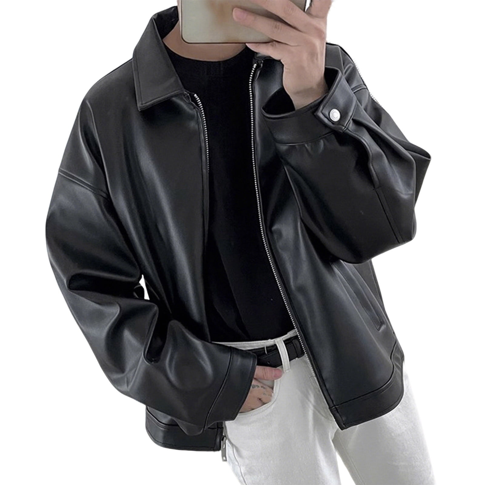 Faux Leather Jacket for Men Long Sleeve No Hood Lapel Full Zip Coat Motorcycle Vintage Casual Lightweight Outwear Pockets (XXL, Black)
