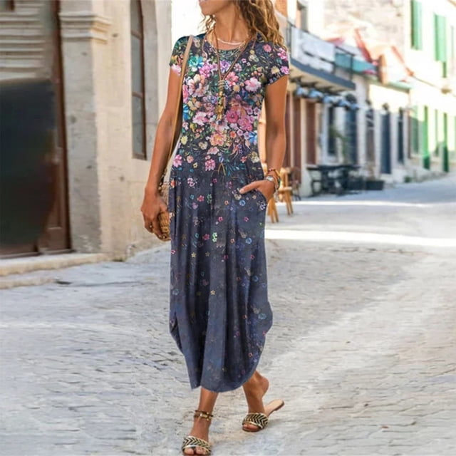 Robe Maxi d'Été pour Femmes Décontractée Ample avec Poches Manches Courtes Imprimée Col Rond Longueur Cheville Robe Manches Courtes en Liquidation
