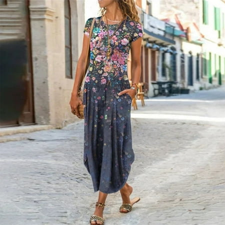 

Leesechin Womens Dresses Clearance Loose Pockets Short Sleeve Printed O-Neck Ankle-Length Dress