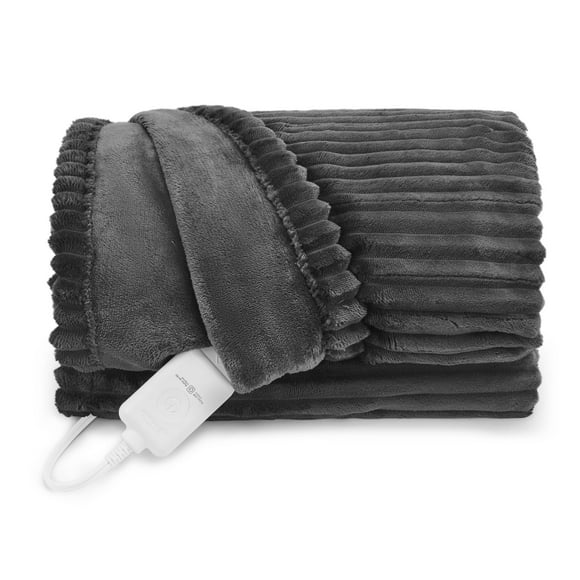 Sunbeam Extra Long Heated Throw Blanket Ribbed Velvet 4 Heat Settings Auto-Off Brushed Nickel 50 x 70, SUNBEAM THW SB TXRD VLVT BR