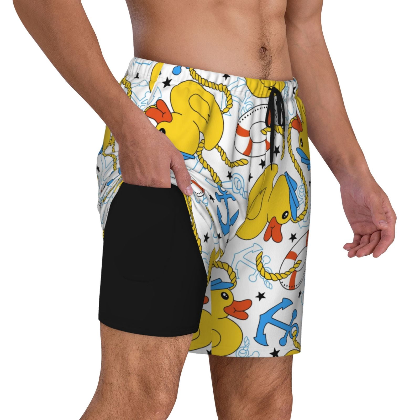Gukieu Ducks and Anchors Print Men's Double Layer Sports Swim Trunks, Quick Dry Adjustable Waist Swim Shorts Swimwear-X-Large
