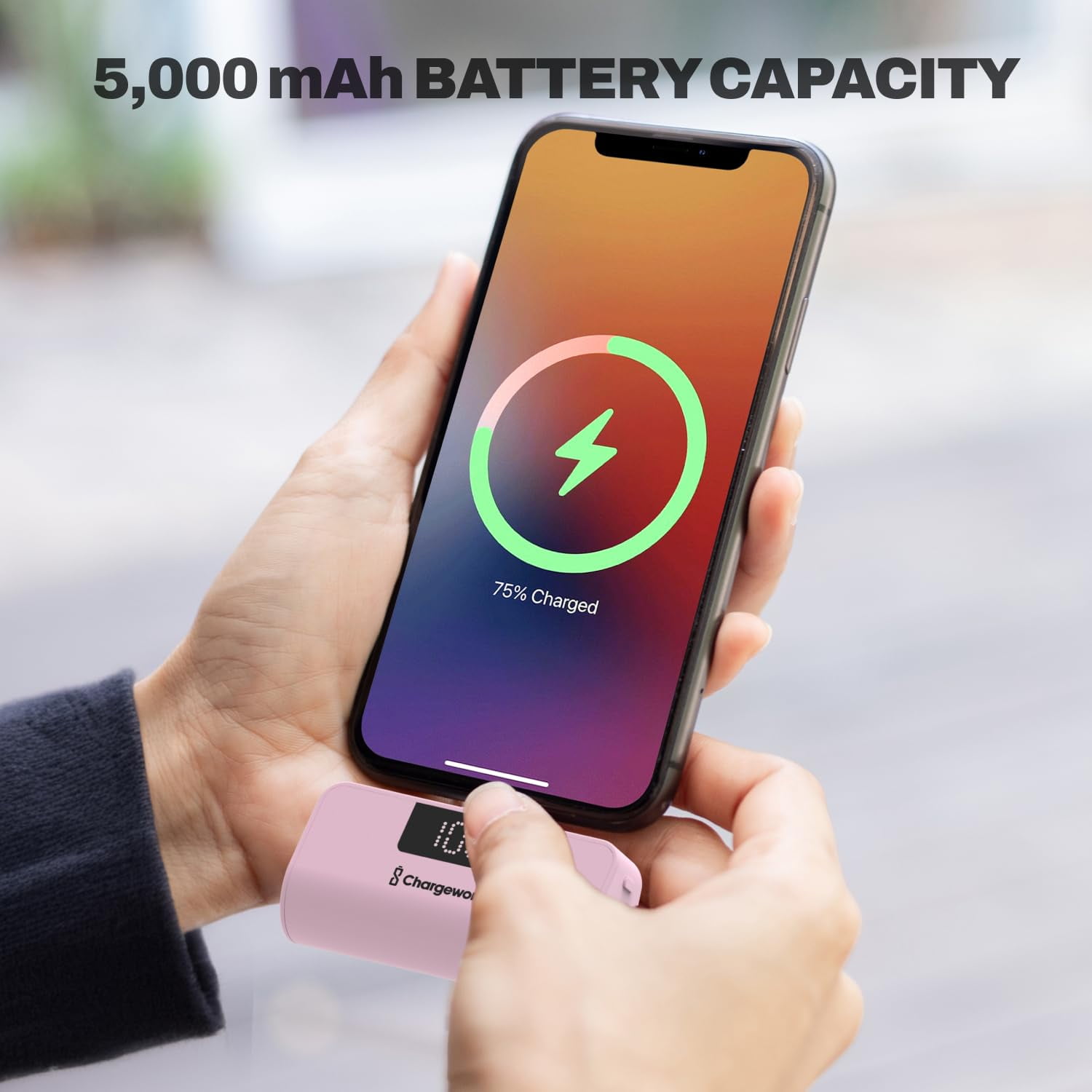 CHARGEWORX Portable Power Bank with LCD Display, Built-in Lightning Connector, Dual Charge Fast Charge Portable Charger 5000mAh, Compatible with iPhone 14, 13, 12 & Older (Pink)
