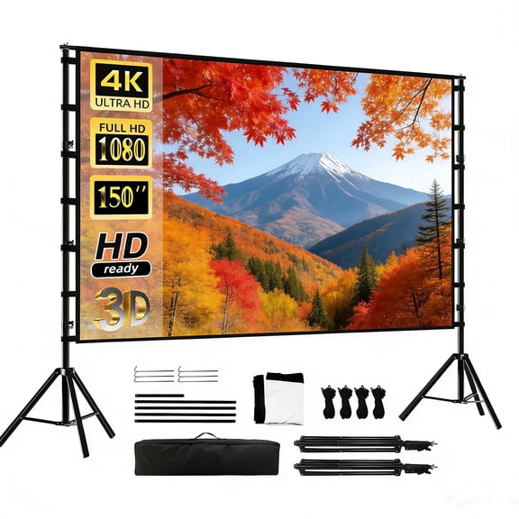 HVKDIEB 150 inch Projector Screen with Stand,16:9 4K 3D Indoor Outdoor Movie Screen,Wrinkle Resistant,Suitable for Home Theater Movies Night