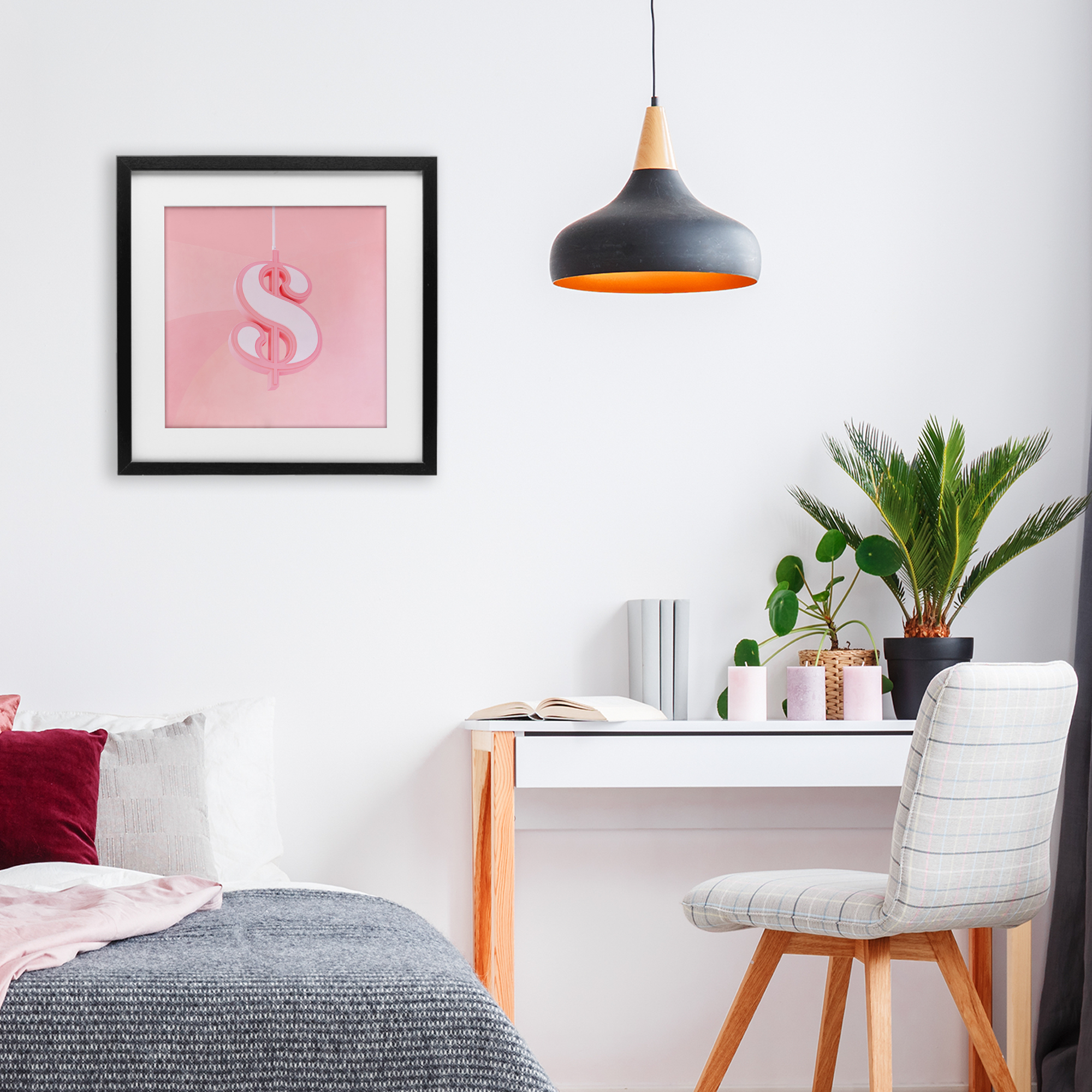Pink Pastel Dollar Sign Black Framed Print Under Glass, design by LISH Creative