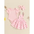 thumbnail image 2 of Bagilaanoe 3Pcs Newborn Baby Girls Overalls Dress Set Ribbed Short Sleeve Romper Tops + Suspender Skirt + Headband 3M 6M 12M 18M Infant Casual Clothes, 2 of 7