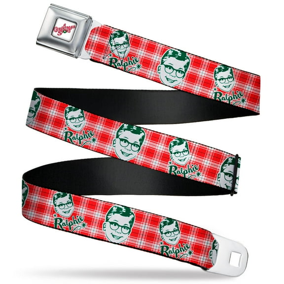 Warner Bros. Holiday Movies Belt, Seatbelt Buckle Belt, A Christmas Story Ralphie Smiling Face Plaid Red White Green, 24 to 38 Inches