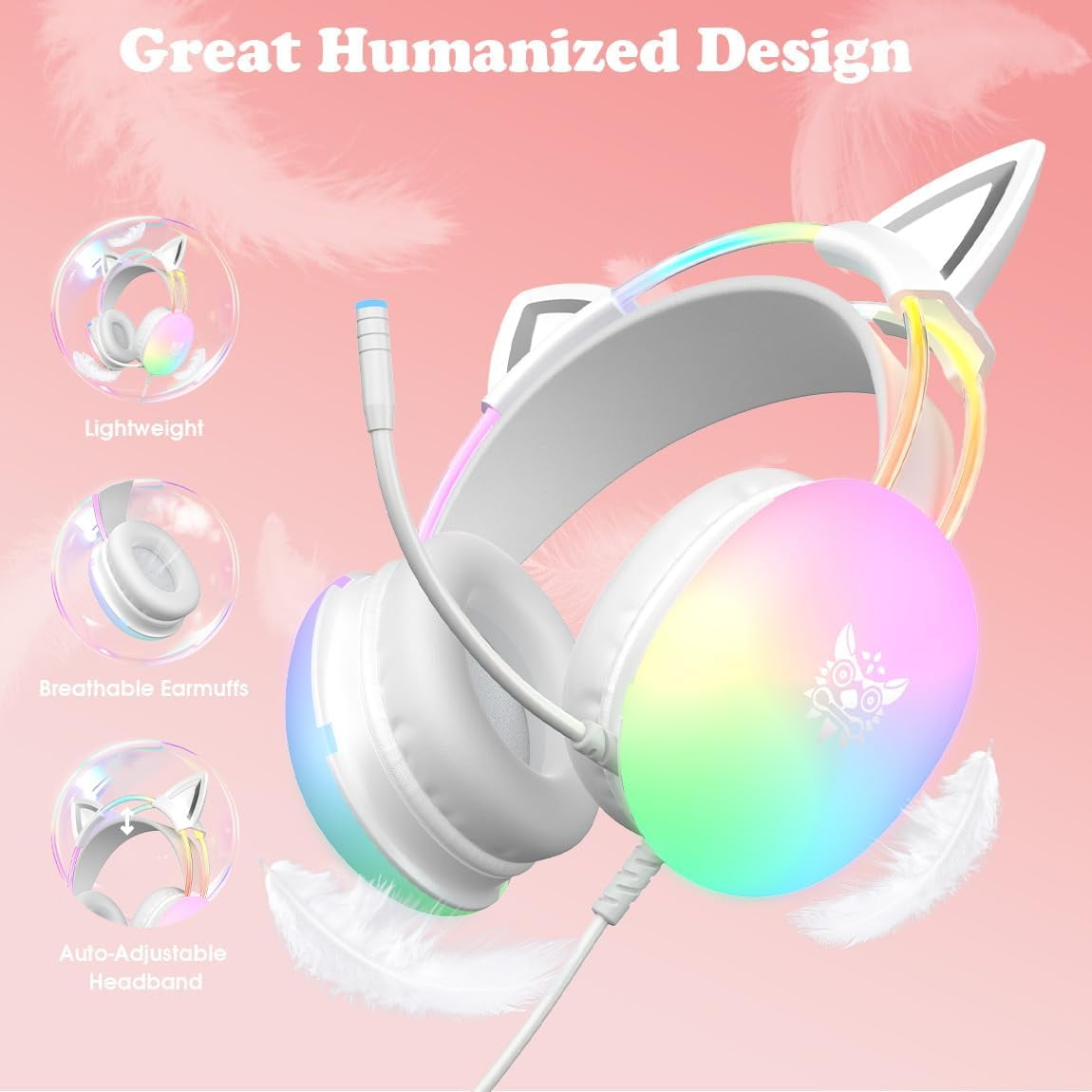 ONIKUMA RGB Cat Ear Gaming Headset with Mic, Wired Gaming Headphones for PC, Switch & Laptop with Surround Sound