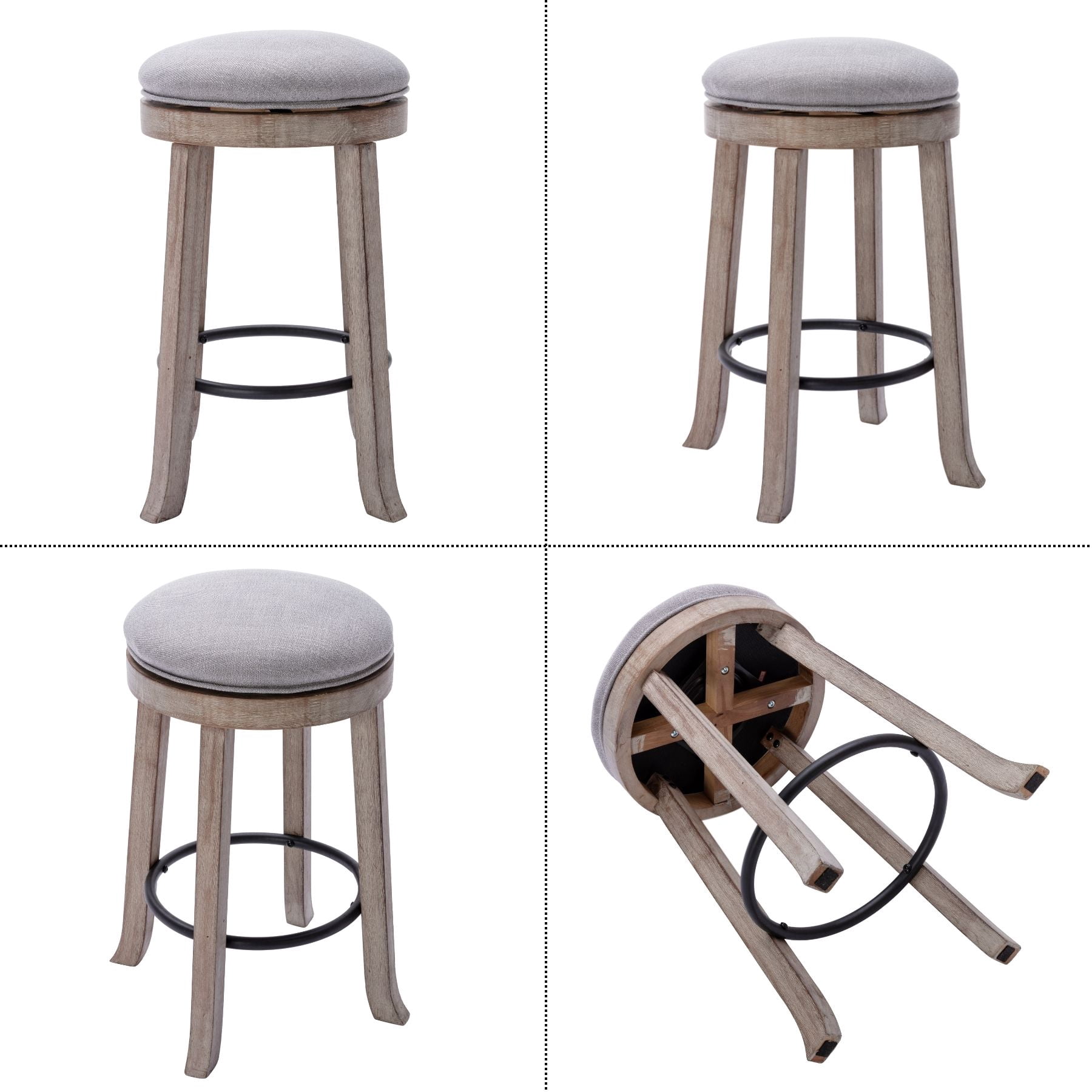Dayalane Farmhouse 360° Swivel Bar Stools Set of 2, 25.6" Counter Height Round Linen Barstools with Wood Legs and Footrest, Backless Kitchen Island Chairs for Dining Room, Pub, Coffee Bar,Grey