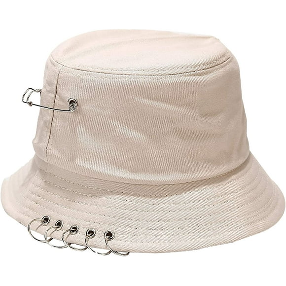 Five Ring &Safety Pin Decor 100% Cotton Bucket Hat Packable Beach Sun Hat for Womens Men Beige -