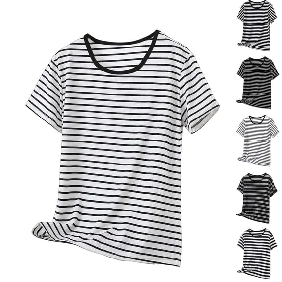Wlynlyn Womens Striped T Shirts Round Neck Short Sleeves Summer Tops Causal Fashion Color Block Tee Shirts