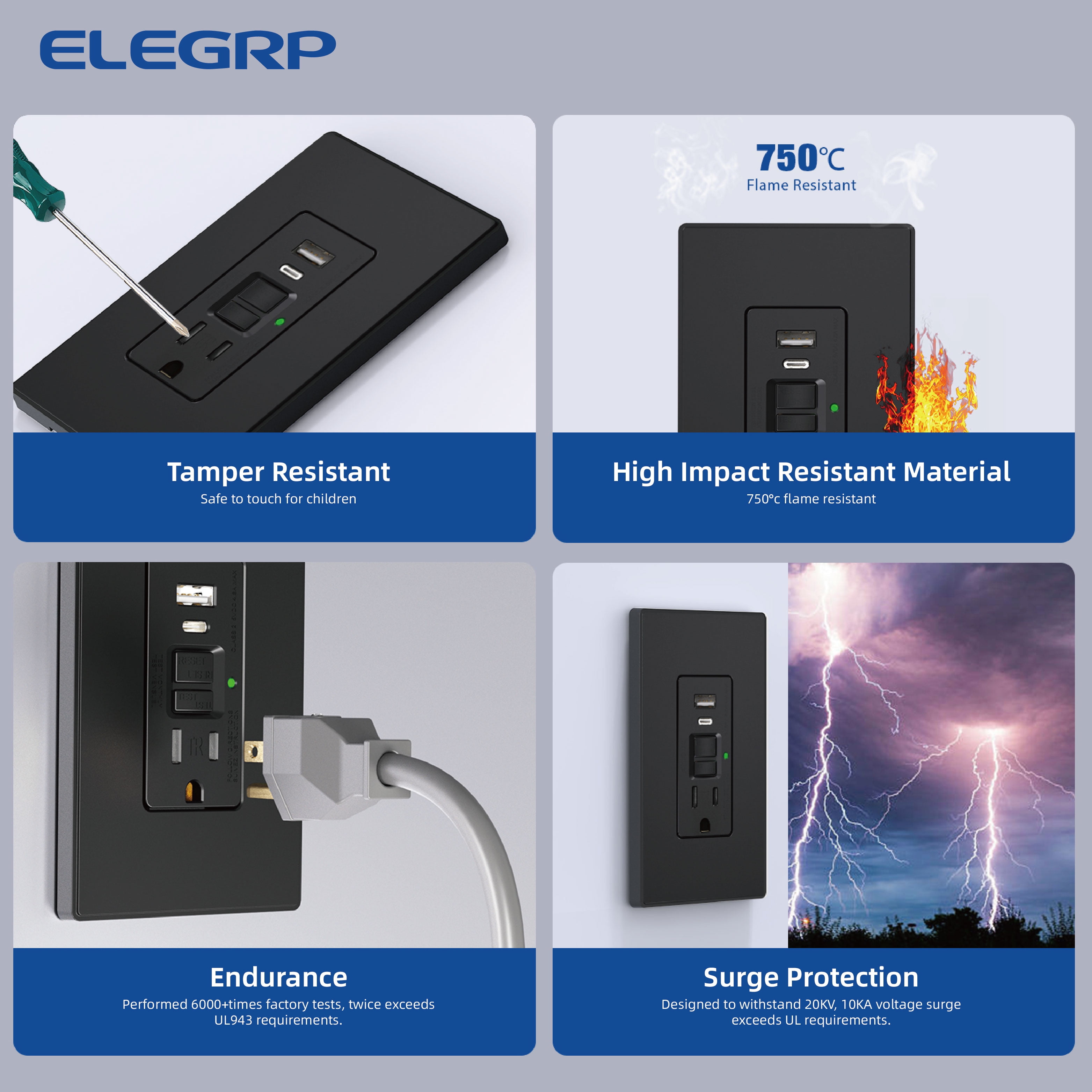 ELEGRP 15 Amp Tamper Resistant Self-Test GFCI Outlet & 24W In-Wall USB Charger combo Receptacle, Type A & Type C, Midsize Screwless Wall Plate included, UL & CUL Listed, Black, 1 pack