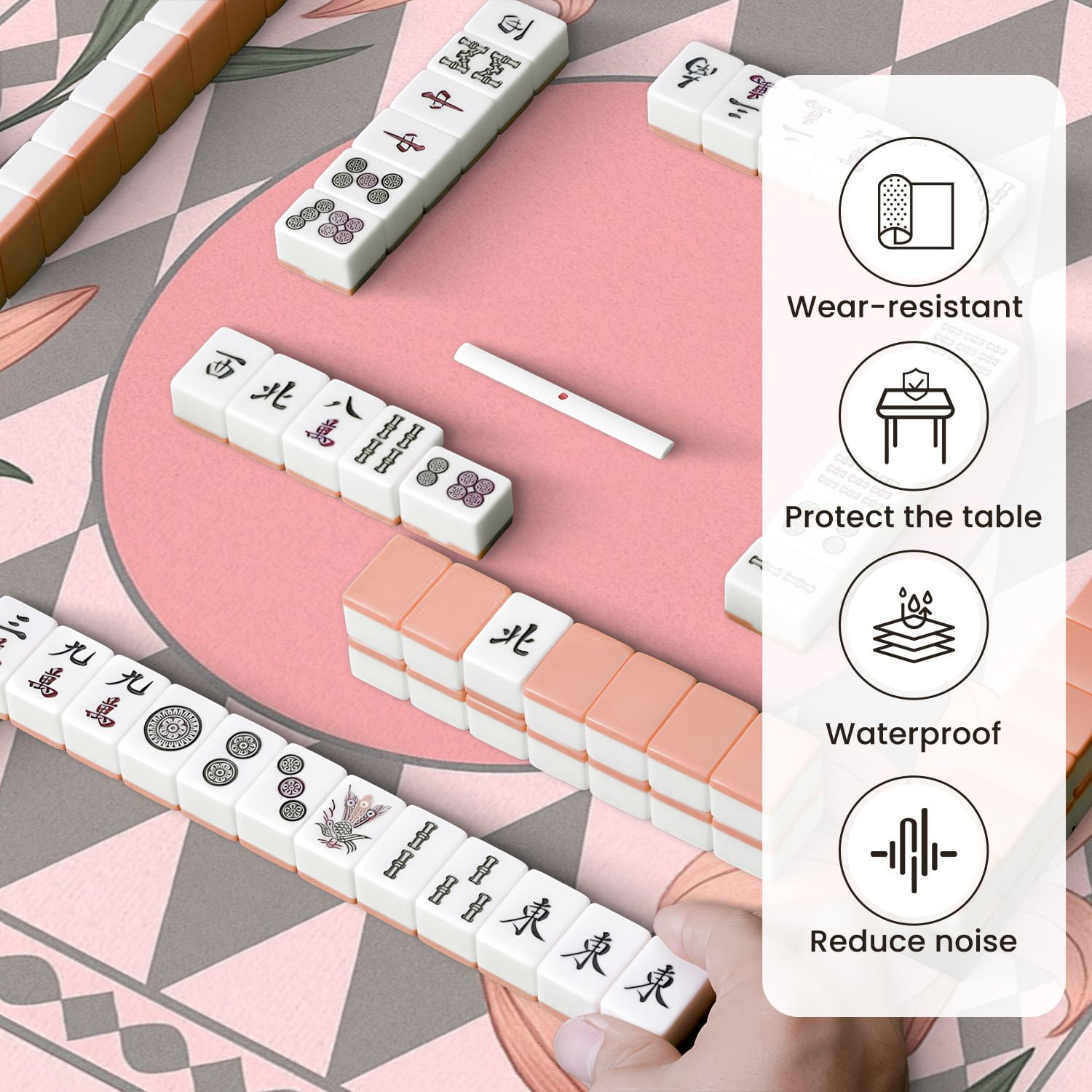 Mahjong Mat 31.5" x 31.5" Elegant Pink Floral Design Anti-Slip and Noise Reduction Symmetry Design Mahjong Tiles Table Cover for Dominoes Poker Card Board and Tile Games