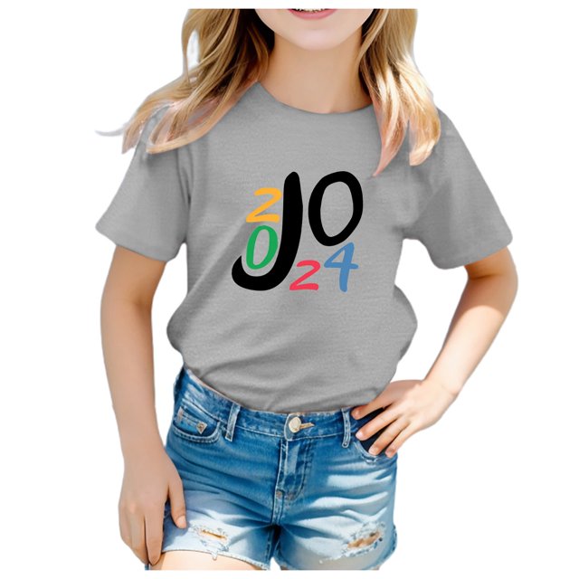 Hauts d'Été Unisexes pour Enfants Mode Été T-Shirt Imprimé Manches Courtes Col Rond T-Shirt Enfant Gris 12 Ans-13 Ans