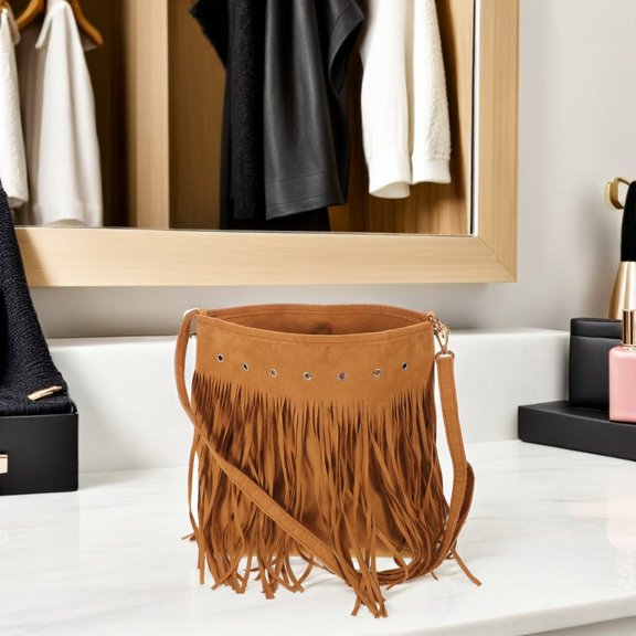 ETEREAUTY Western Brown Suede Fringe Tote Bag with Adjustable Strap, Retro Style Shoulder Messenger Purse