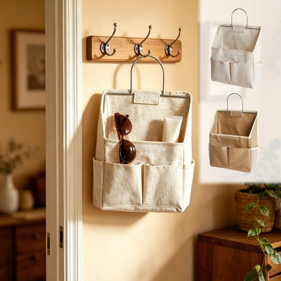 AYktou Wall Hanging Organizer Bag with Stainless Steel Frame, Waterproof Multi-Pocket Wall Hanging Storage Bags Cottons Linen Hanging File Organizer Storage Pouch for Home Office Kitchen Bathroom