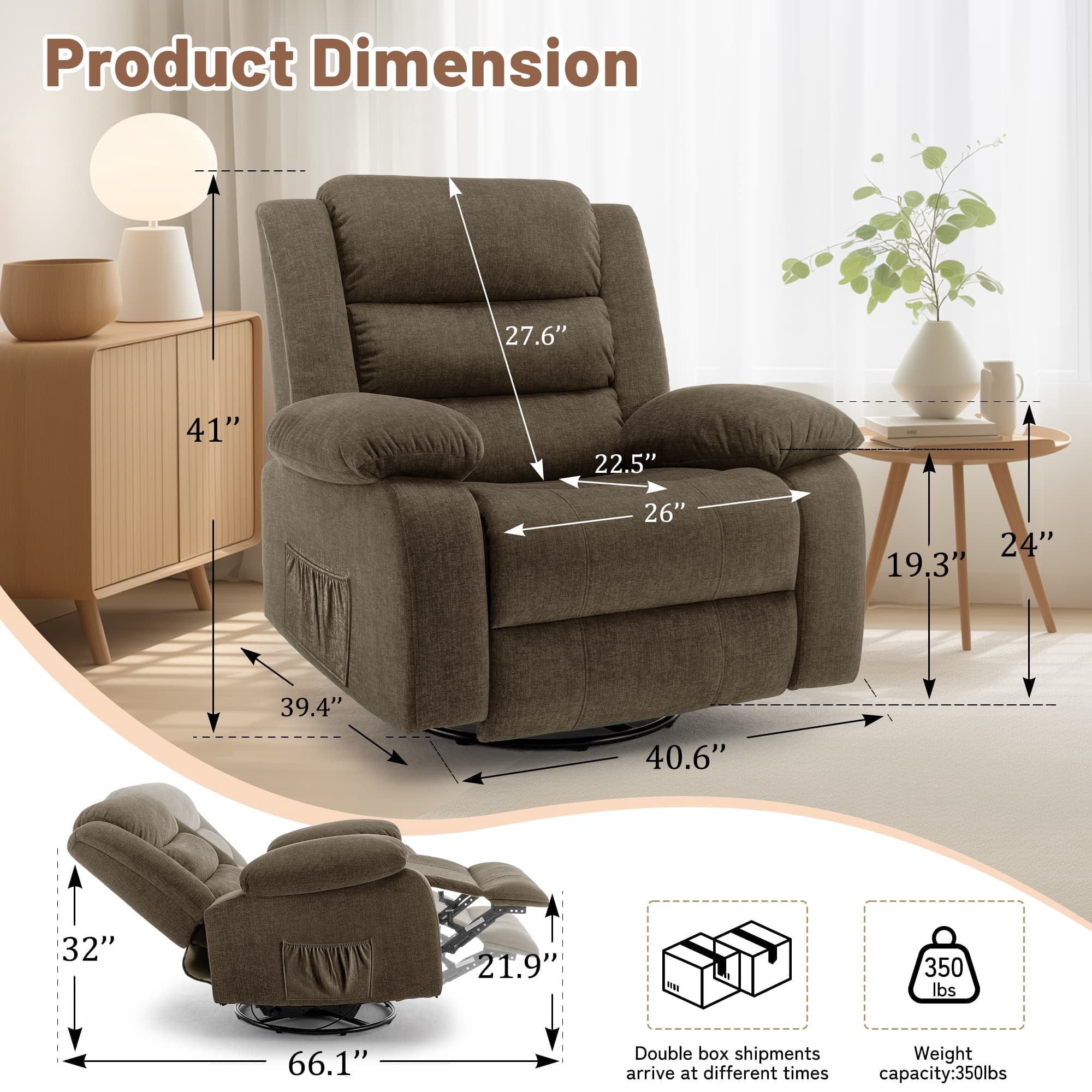 Korser Oversized Swivel Rocker Recliner Chair with Massage and Heating for Living Room,Brown