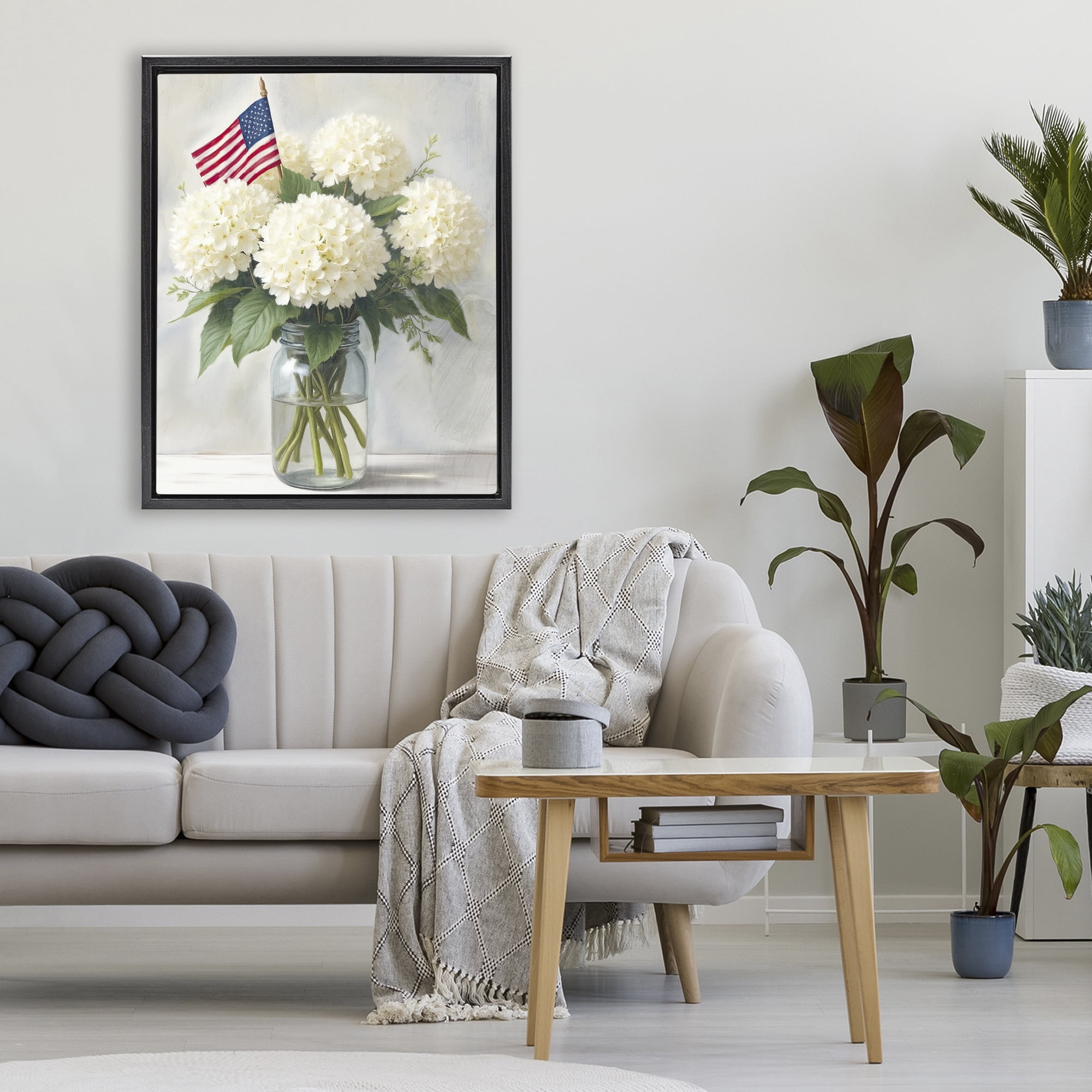 Stupell Industries Festive Patriotic Hydrangea Black Framed Floater Canvas Wall Art, design by Kim Allen