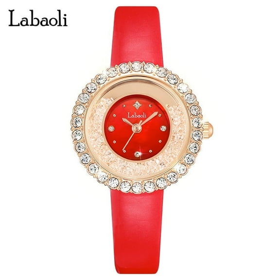 EXPLOJOY Women's Red Leather Watch – Quartz Movement, Diamond Accents, Water Resistant, Elegant Design