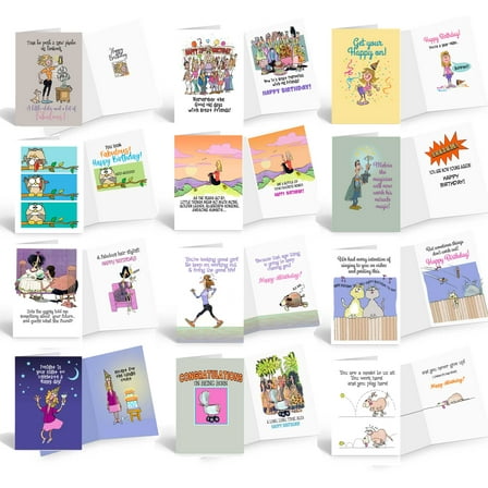 Stonehouse Collection Funny Assorted Birthday Cards with Envelopes, 16 Unique Designs, Folded, Boxed Set for Adults
