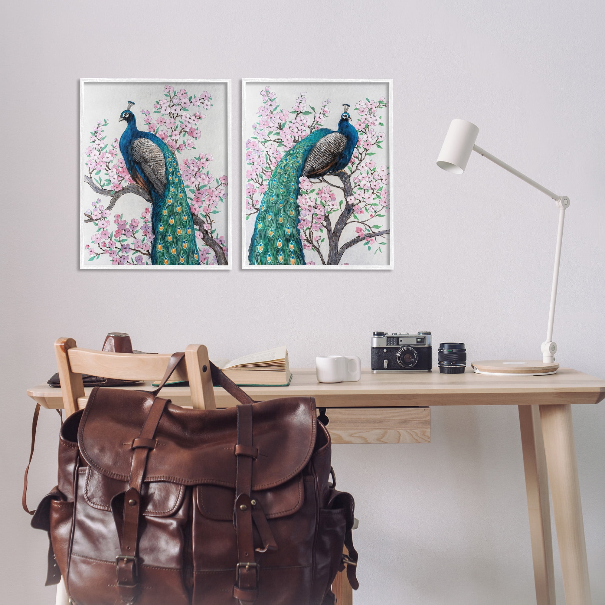 Stupell Industries Floral Peacocks Perched Animals & Insects Painting White Framed Art Print Wall Art, 16 x 20, Set of 2
