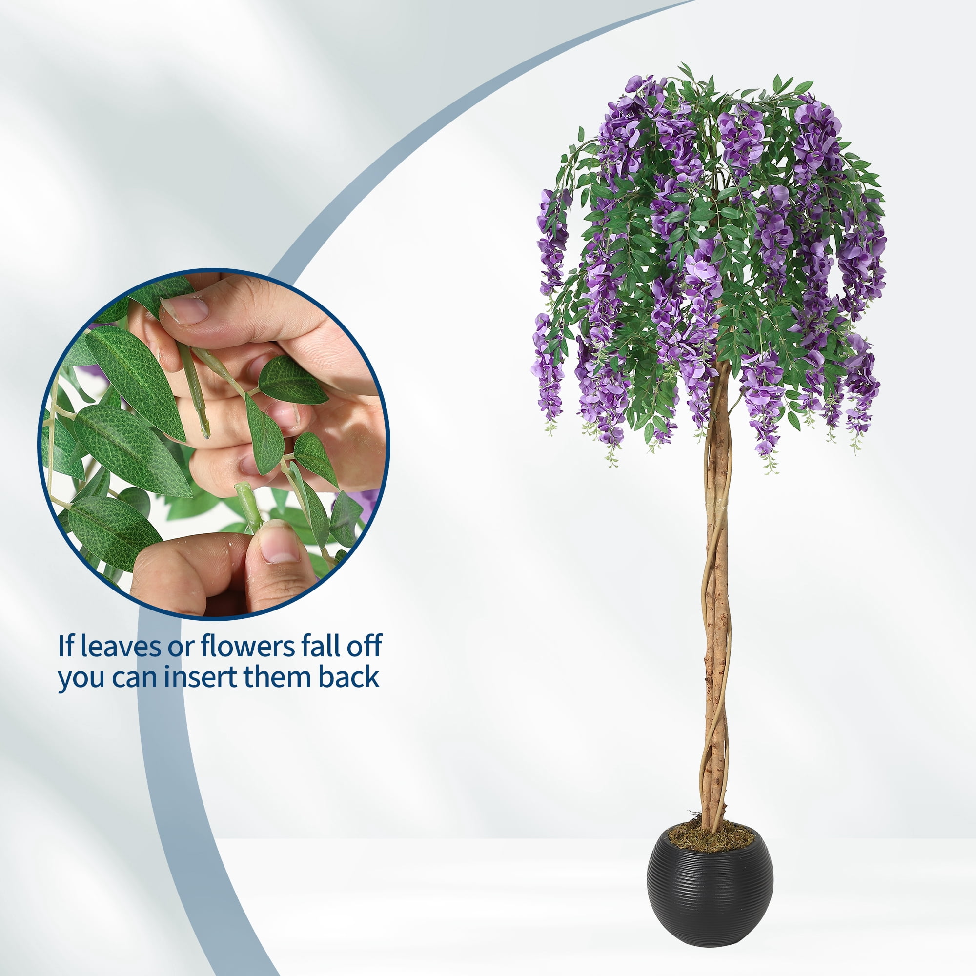 PYY Lifelike Silk Purple Bean Flower Tree – Realistic Double Vine Stems, Hanging Moss, Decorative Faux Plant in Cement Pot for Home, Office, Wedding, or Photo Backdrop, Indoor Decor, 6FT