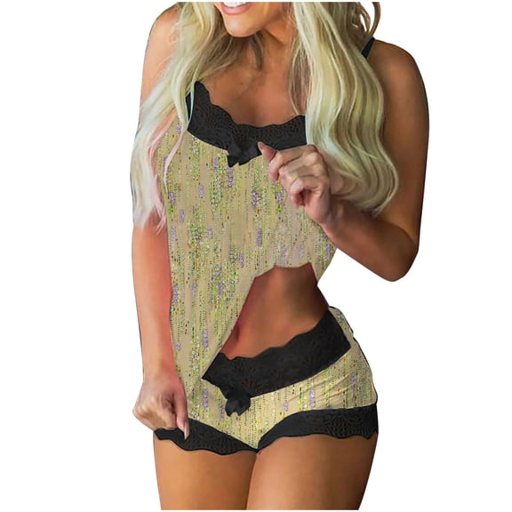 Hrsba Matching Set Women,Print Lace Sleeveless Camisole Patchwork Shorts Casual Summer Outfits