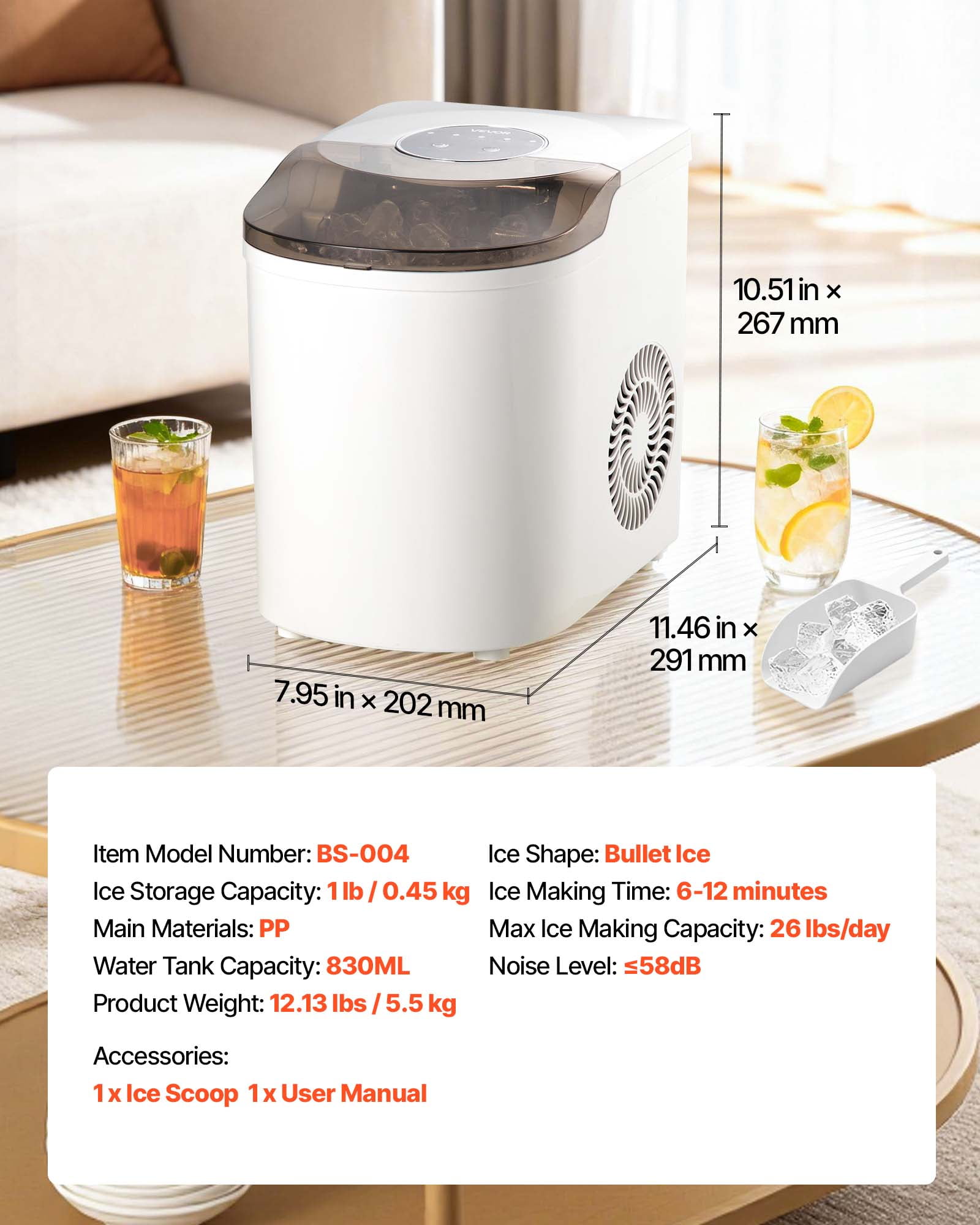 VEVOR Countertop Ice Maker, 7 Cubes Ready in 6 Mins, 26 lbs per Day, Self-Cleaning Portable Machine with Ice Scoop, Ice-Making Machine with 2 Sizes Bullet Ices for Home, Kitchen, Office, Bar & Party