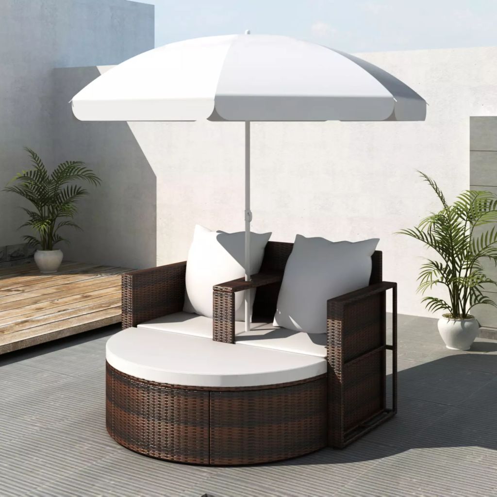 Kepooman Outdoor Patio 2-Person Rattan Sun Lounger with Cushion & Parasol, Brown Kepooman Outdoor Patio 2-Person Rattan Sun Lounger with Cushion & Parasol, Brown