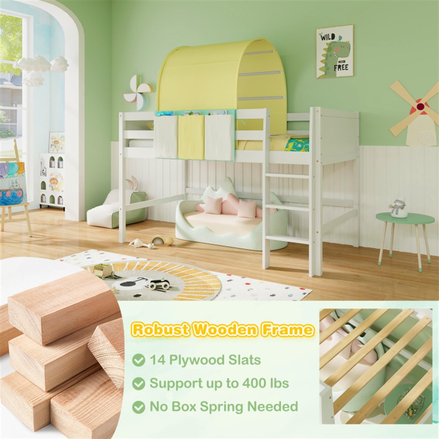 Demi Bonn Loft Bed Twin Size, Solid Wood Low Loft Bed with Tower Tent and 3 Storage Pockets, Modern Wooden Bed Frame, Green