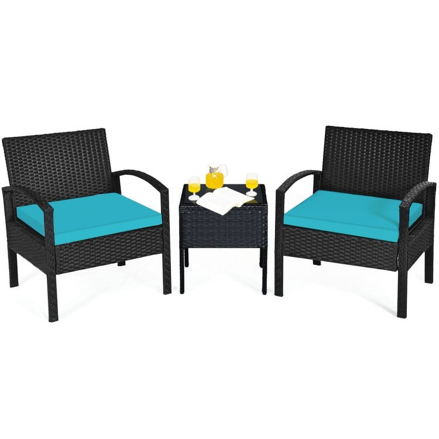 Aimee Lii 3 Pieces Outdoor Rattan Patio Conversation Set, Wicker Patio Furniture Set with Seat Cushions, Turquoise