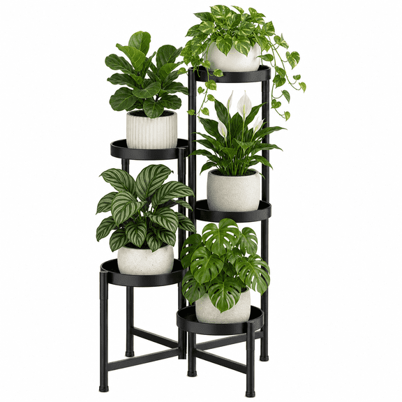 5-Tier Corner Metal Plant Stand, Foldable Tall Flower Pot Display Rack, Indoor Outdoor Multi-Pot Plant Shelf, Movable Plant Holder for Living Room, Balcony, Garden, Terrace