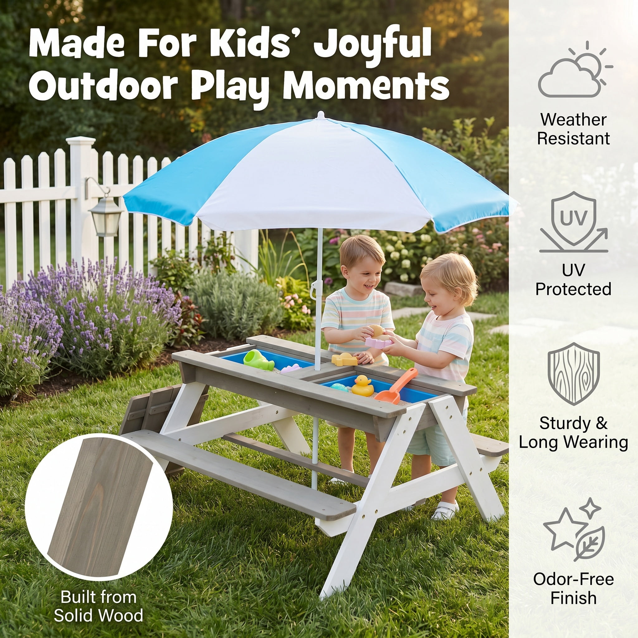 Wooden Kids Picnic Table, Sand and Water Table with Umbrella, Activity Table for Outdoor Backyard Patio Play