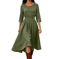 thumbnail image 2 of Bxsruta Womens Casual Midi Dress 3/4 Sleeve Pleated Flowy Dresses for Women Crew Neck Smocked Waist A-Line Swing Dress, 2 of 6