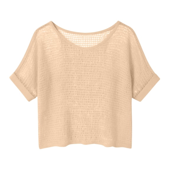 Uaswgudfs Bohemian Crochet Knit Sweater for Women Open Stitch Beige Top, Casual Womens Summer Tops