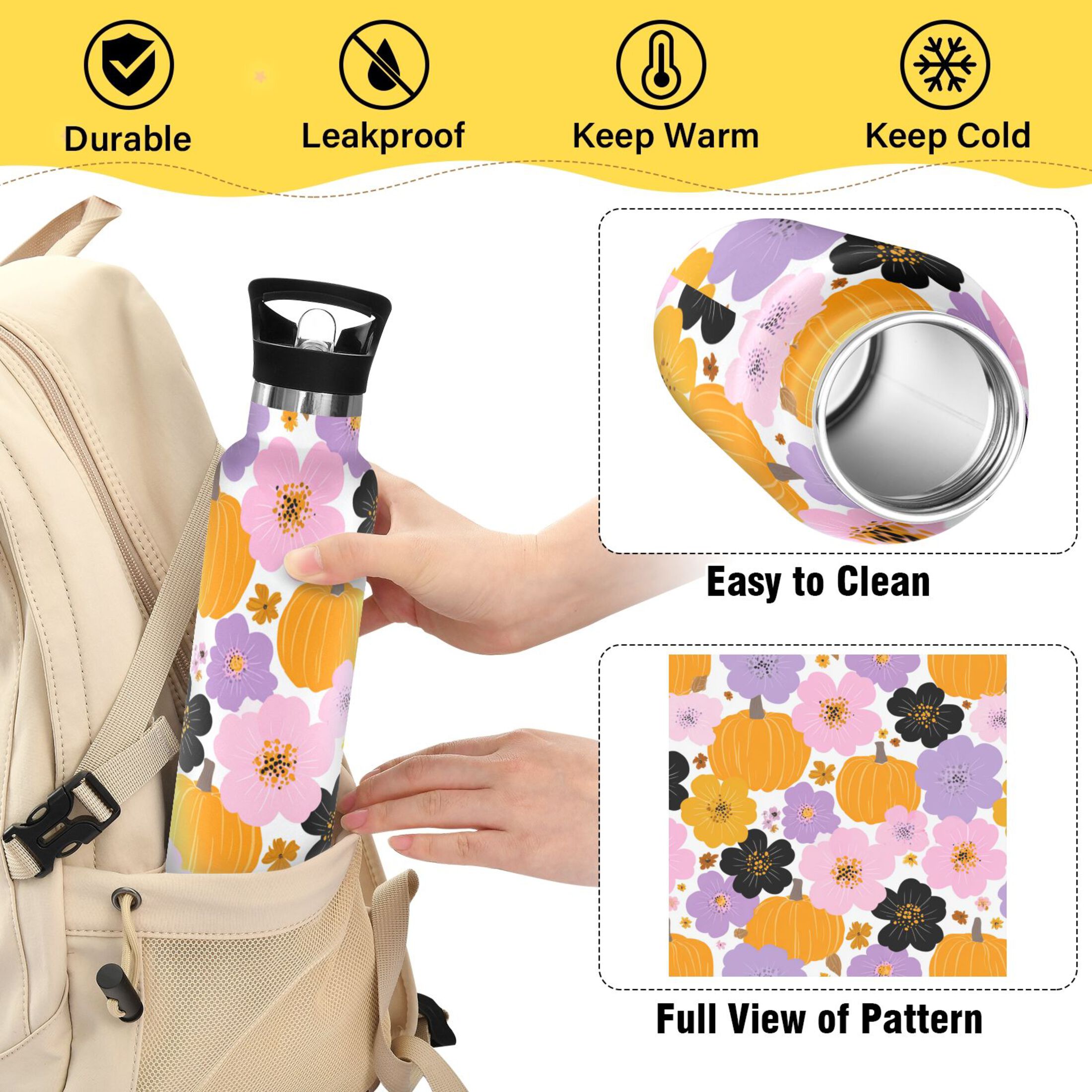 Kids Insulated Stainless Steel Sports Water Bottle 600ml (20oz) Cute Flowers and Pumpkins