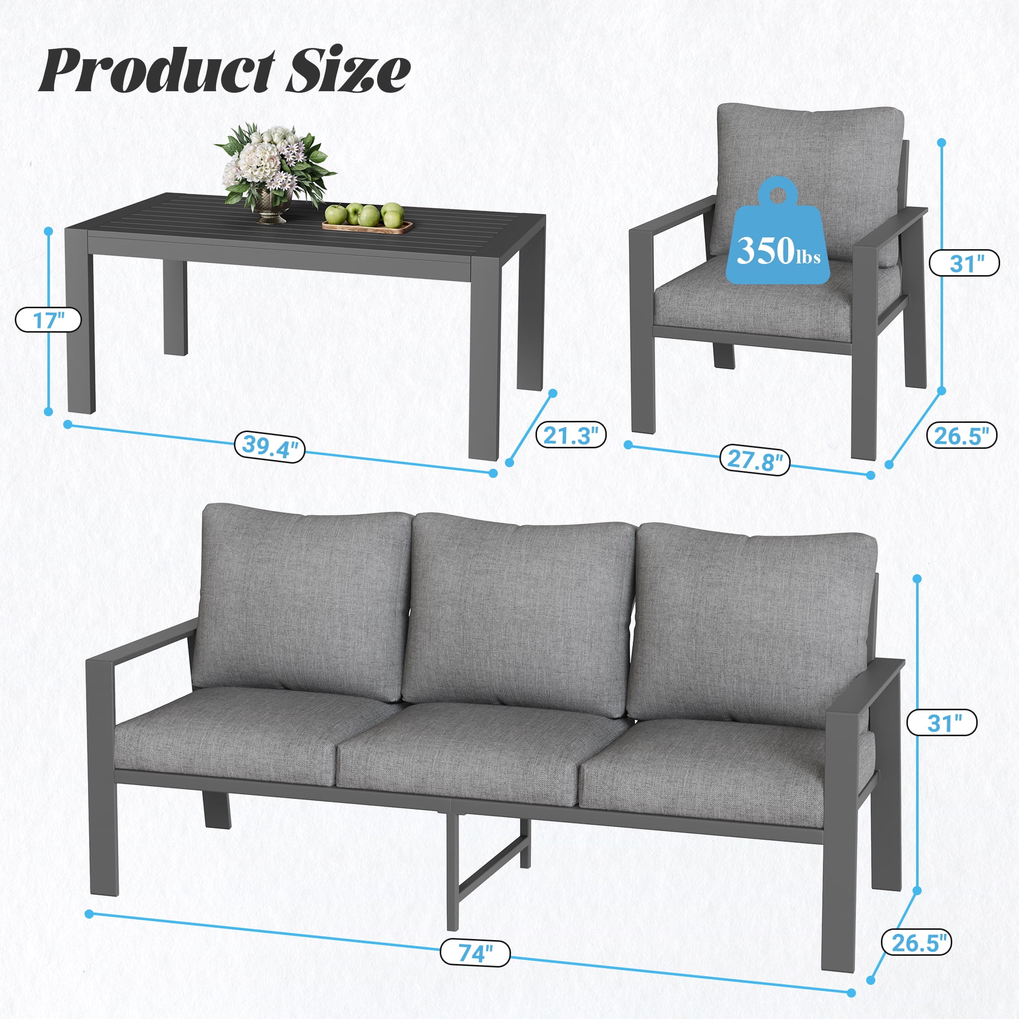 MRUAKA Aluminum Patio Furniture Set, 6 Pcs Modern Outdoor Sofa Sets, Outdoor Sectional Patio Conversation Set with Coffee Table for Backyard, Poolside, Dark Grey